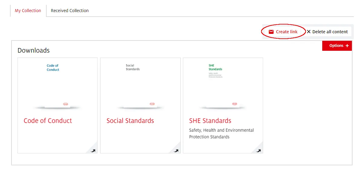 You would like to share your collection with business partners, colleagues or friends? Just click on „Create link“ to forward the page via email.